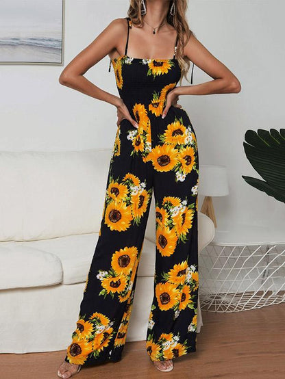 Sunflower Printed Spaghetti-neck Jumpsuits