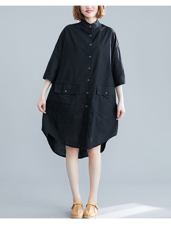 Loose Ramie Cotton Stand Collar Shirt Dress