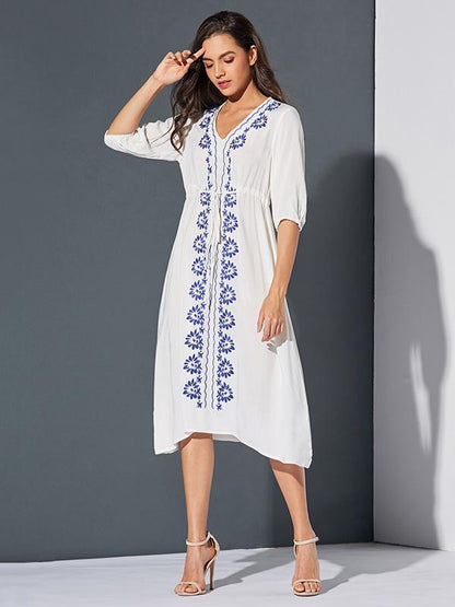 Bohemia Embroidered Floral V Neck Midi Dress