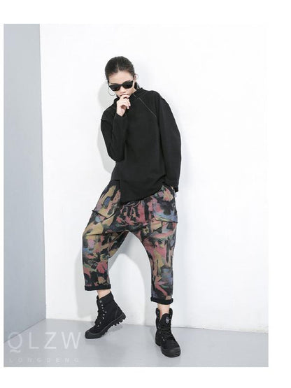 DROP-CROTCH ELASTIC WAIST CASUAL HAREM PANTS