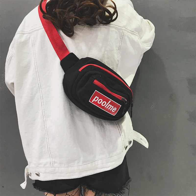 Lettered Printed Multiple Layers Zipper Casual Canvas Waist Bag