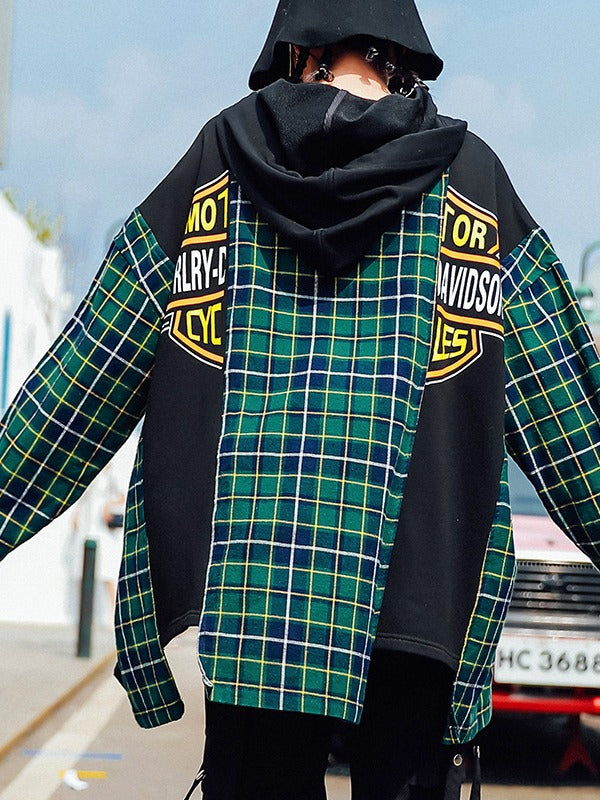 Loose Plaid Cropped Print Splicing Hood Outwear