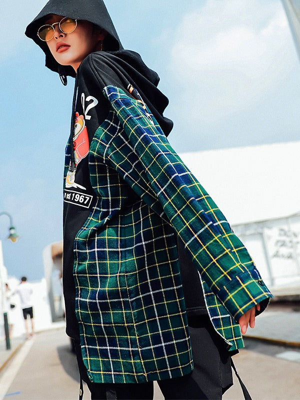 Loose Plaid Cropped Print Splicing Hood Outwear