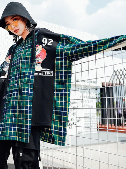 Loose Plaid Cropped Print Splicing Hood Outwear
