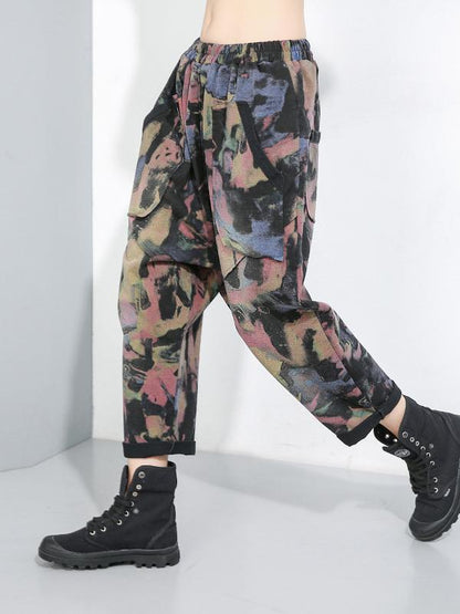 DROP-CROTCH ELASTIC WAIST CASUAL HAREM PANTS