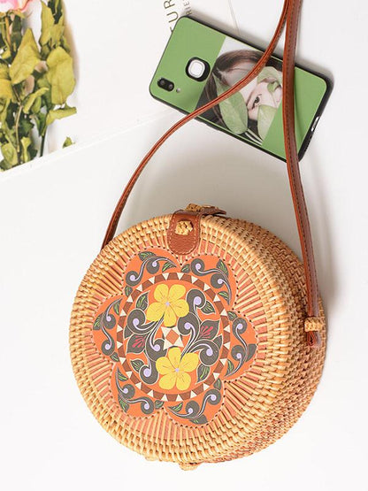 Forest Style Rattan Flower Pattern Round Bag