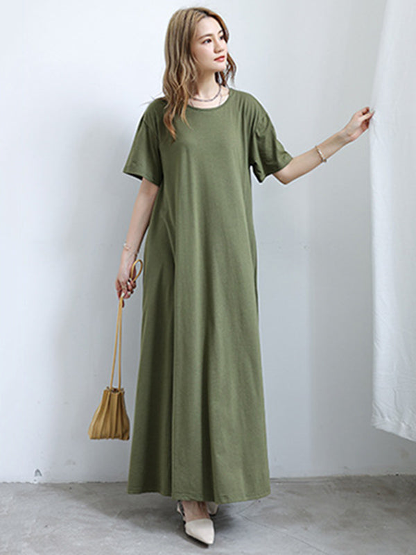 Simple Solid Color Oversized A-Line Round-Neck Short Sleeves Maxi Dress