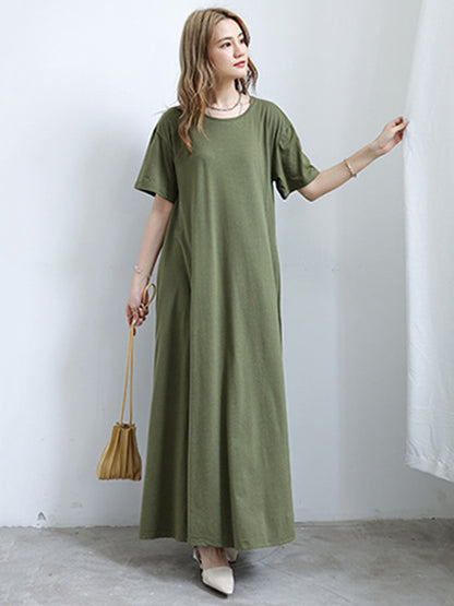 Simple Solid Color Oversized A-Line Round-Neck Short Sleeves Maxi Dress
