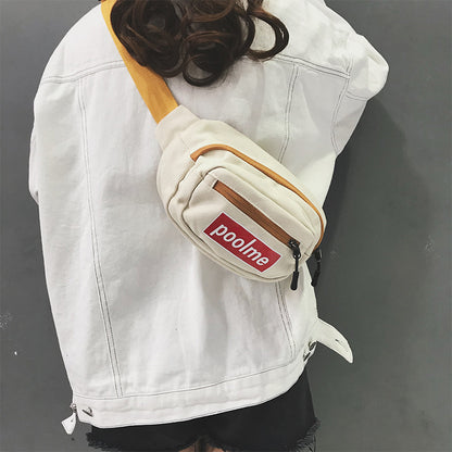 Lettered Printed Multiple Layers Zipper Casual Canvas Waist Bag