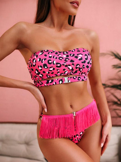 Strapless Tassels Leopard Print Bikini Swimsuit
