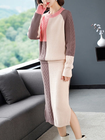 CASUAL CONTRAST COLOR KNITTING SWEATER&SKIRT SUITS