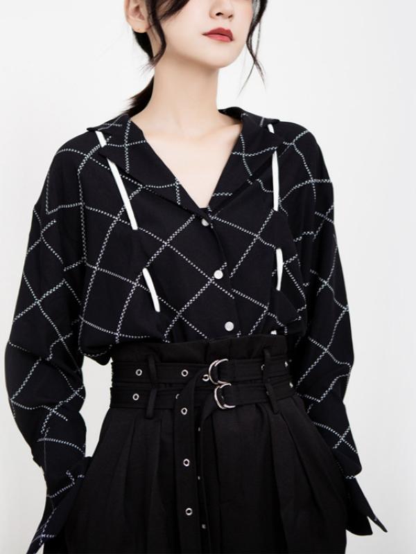 CASUAL DRAWSTRING RUFFLED PLAID SHIRT