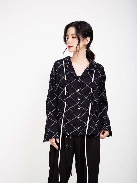 CASUAL DRAWSTRING RUFFLED PLAID SHIRT