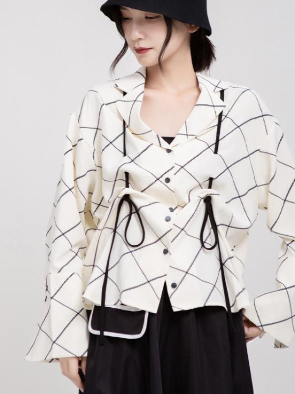 CASUAL DRAWSTRING RUFFLED PLAID SHIRT