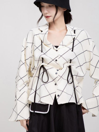CASUAL DRAWSTRING RUFFLED PLAID SHIRT