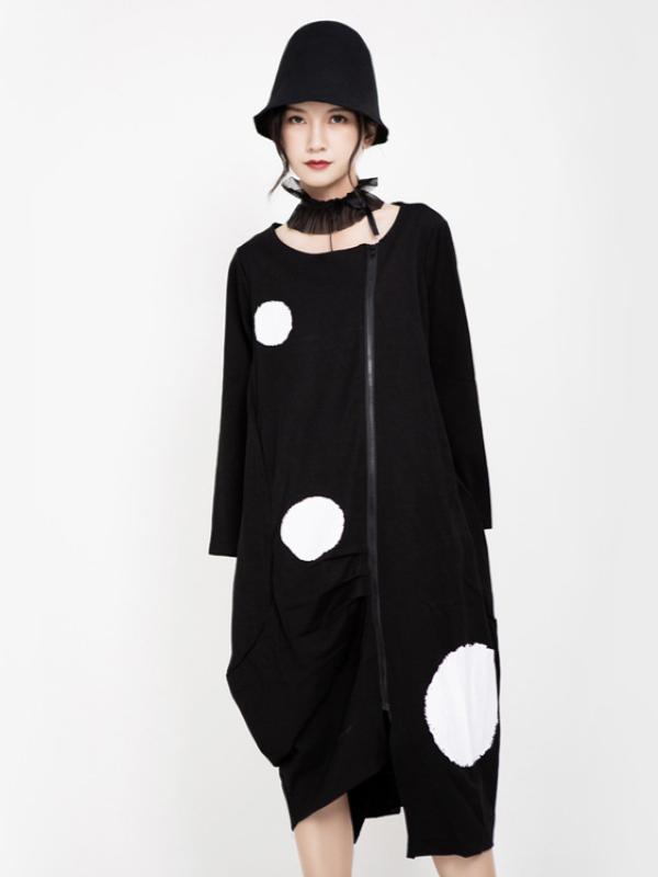 POLKA-DOT PRINTED CROPPED ZIPPER MIDI DRESS OUTWEAR