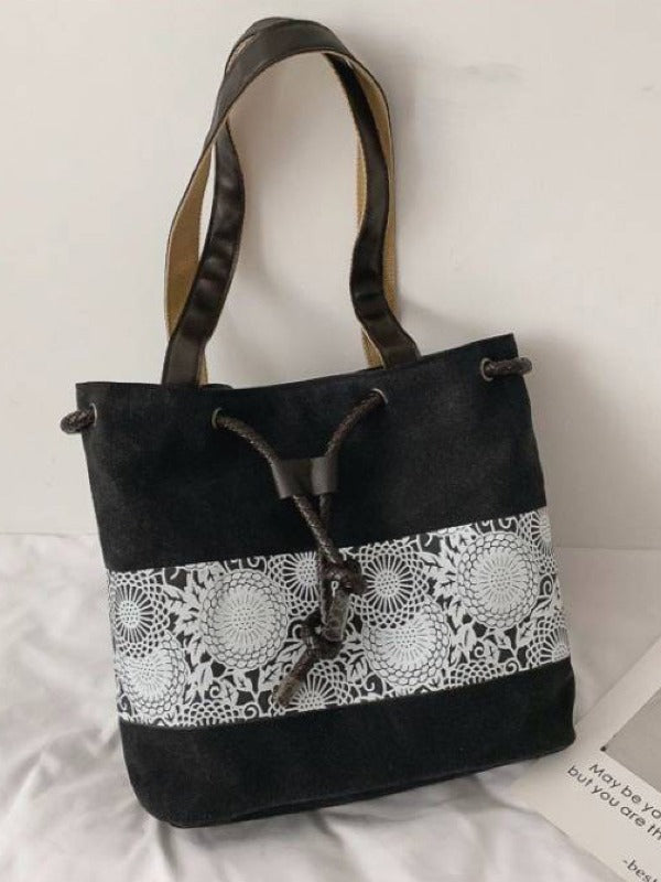 Ethnic Style Printed Canvas Drawstring Bucket Bag