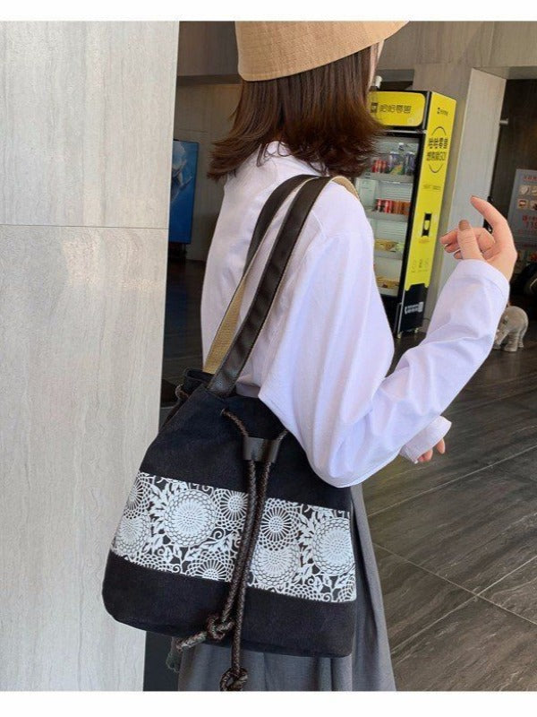 Ethnic Style Printed Canvas Drawstring Bucket Bag