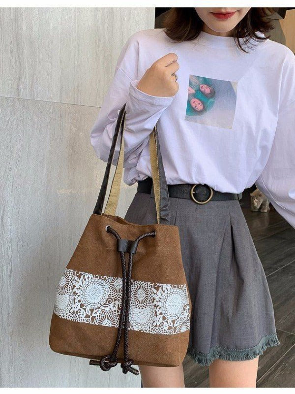 Ethnic Style Printed Canvas Drawstring Bucket Bag