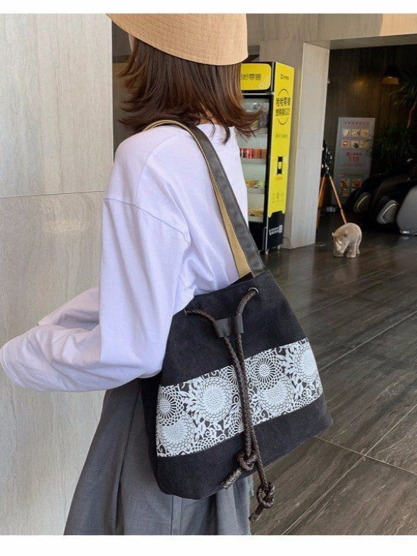 Ethnic Style Printed Canvas Drawstring Bucket Bag