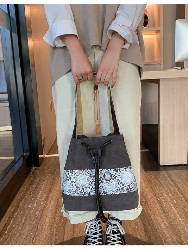 Ethnic Style Printed Canvas Drawstring Bucket Bag
