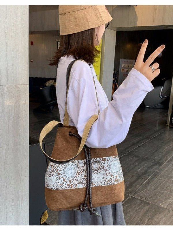 Ethnic Style Printed Canvas Drawstring Bucket Bag