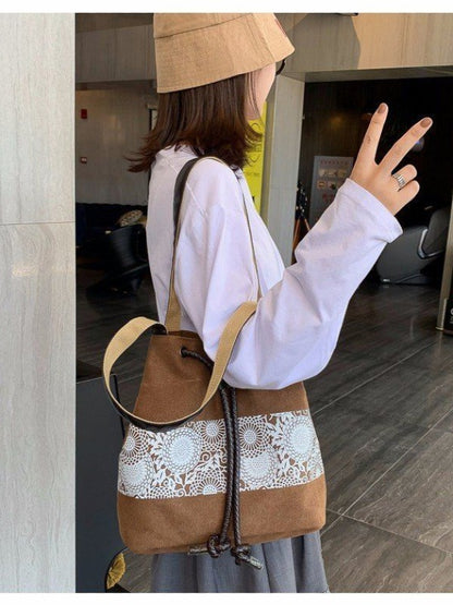 Ethnic Style Printed Canvas Drawstring Bucket Bag