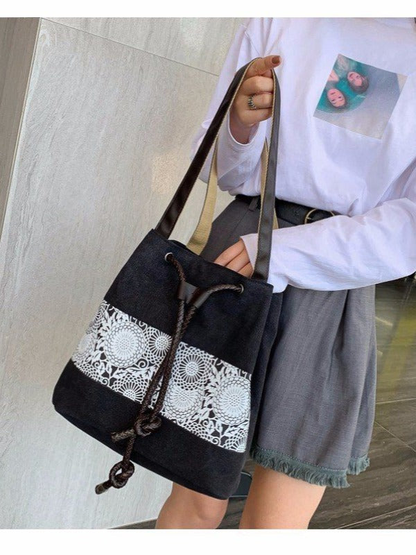 Ethnic Style Printed Canvas Drawstring Bucket Bag