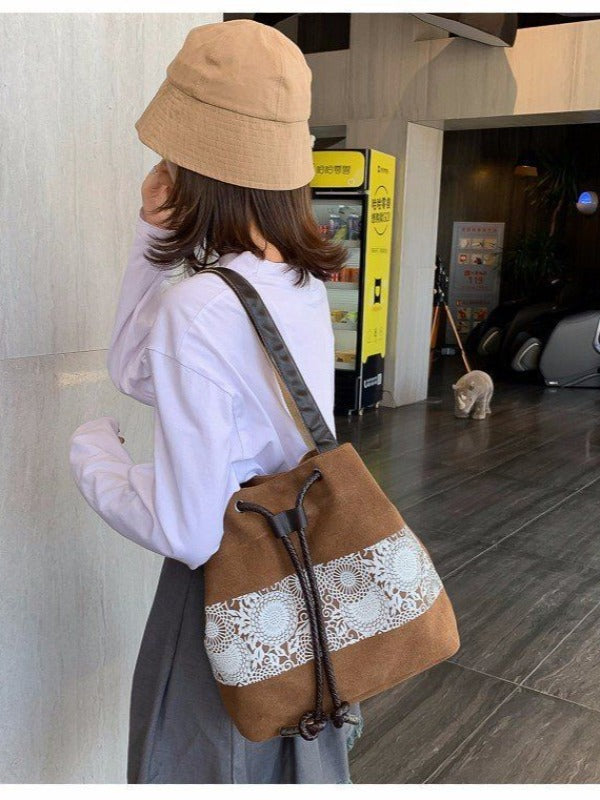 Ethnic Style Printed Canvas Drawstring Bucket Bag