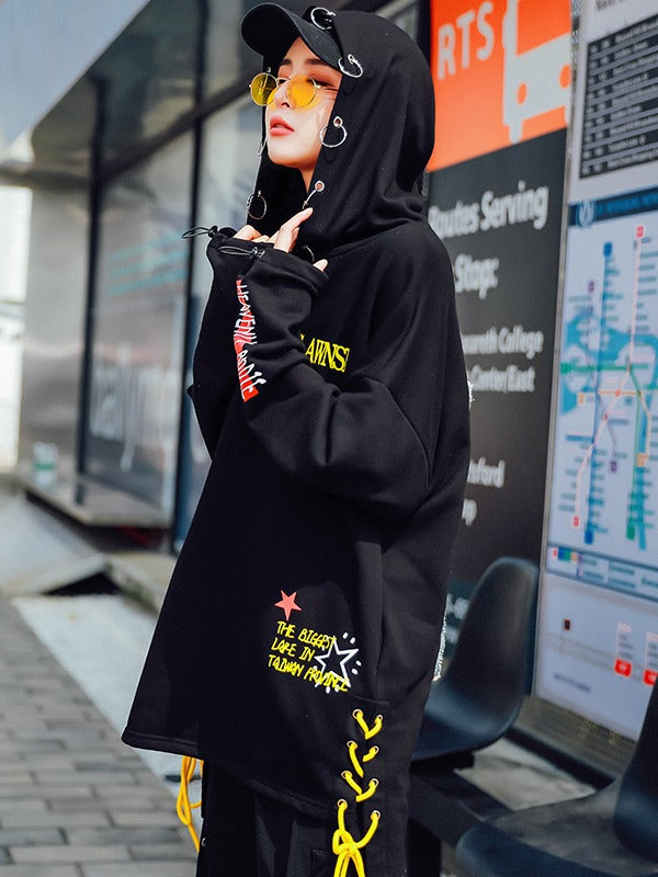 Stylish Loose Cropped Hollow Print Iron Ring Hoodie