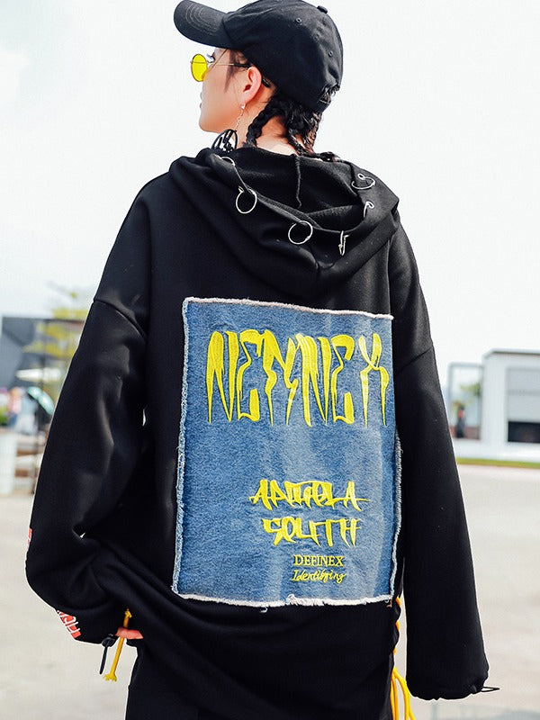 Stylish Loose Cropped Hollow Print Iron Ring Hoodie