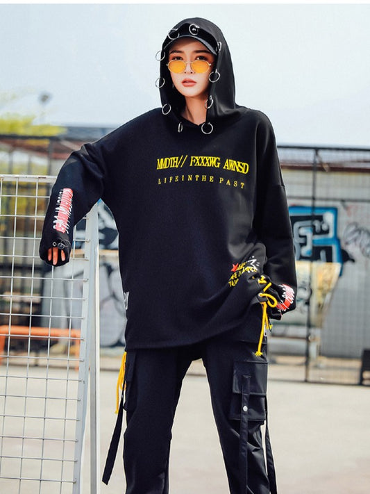 Stylish Loose Cropped Hollow Print Iron Ring Hoodie