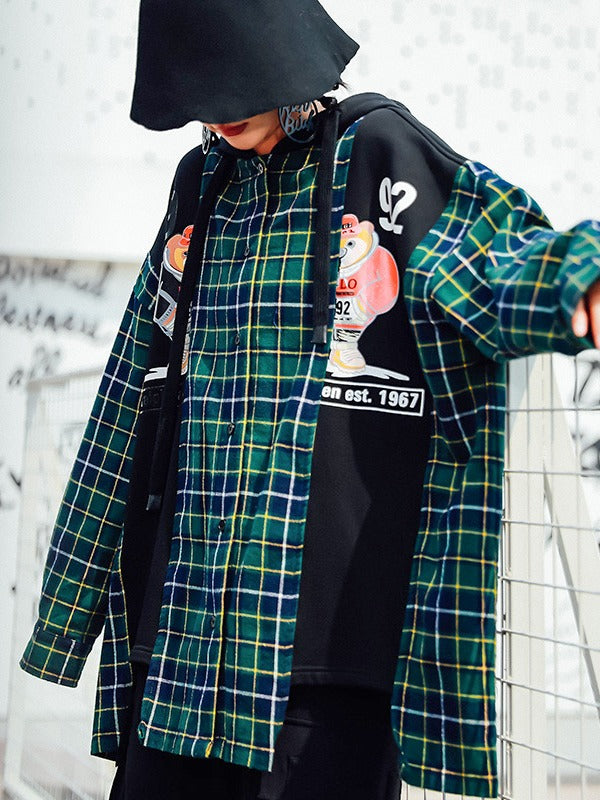 Loose Plaid Cropped Print Splicing Hood Outwear