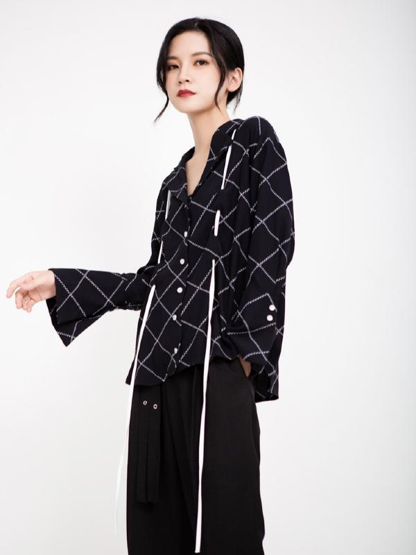 CASUAL DRAWSTRING RUFFLED PLAID SHIRT