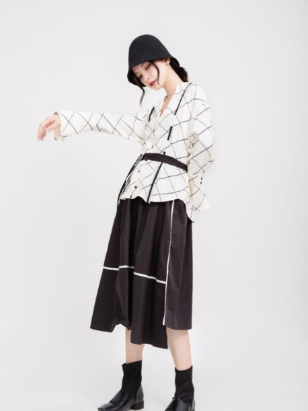 CASUAL DRAWSTRING RUFFLED PLAID SHIRT