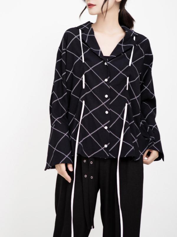 CASUAL DRAWSTRING RUFFLED PLAID SHIRT