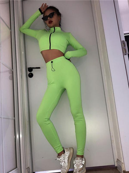 Solid Zipper Tee&Leggings Sports Suits