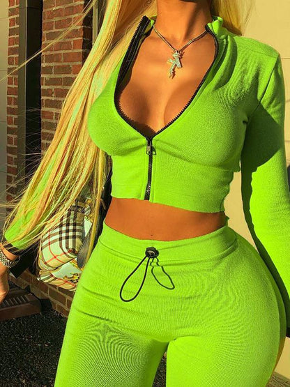 Solid Zipper Tee&Leggings Sports Suits