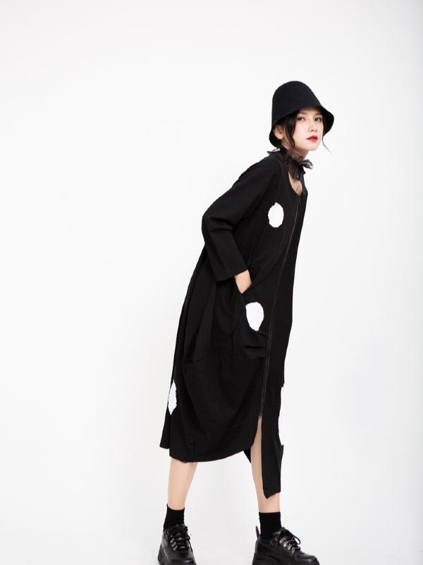 POLKA-DOT PRINTED CROPPED ZIPPER MIDI DRESS OUTWEAR
