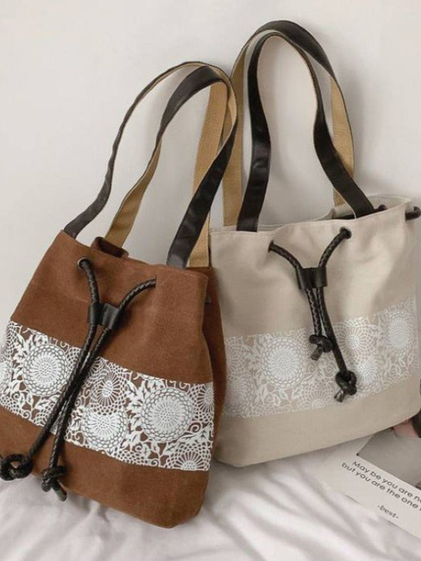 Ethnic Style Printed Canvas Drawstring Bucket Bag