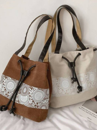 Ethnic Style Printed Canvas Drawstring Bucket Bag