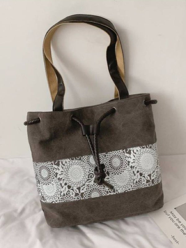 Ethnic Style Printed Canvas Drawstring Bucket Bag