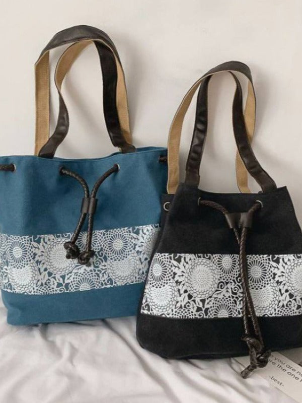 Ethnic Style Printed Canvas Drawstring Bucket Bag