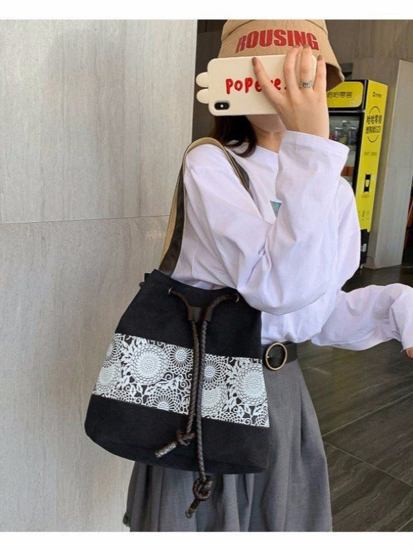 Ethnic Style Printed Canvas Drawstring Bucket Bag