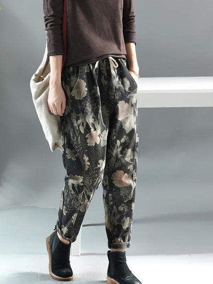 Vintage Floral Elastic Waist Harem Pants