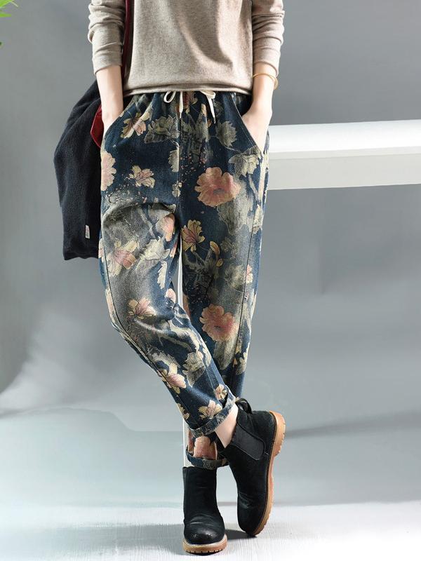 Vintage Floral Elastic Waist Harem Pants