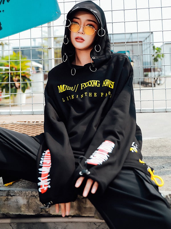 Stylish Loose Cropped Hollow Print Iron Ring Hoodie