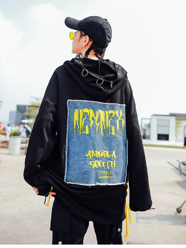 Stylish Loose Cropped Hollow Print Iron Ring Hoodie