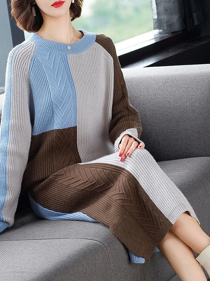 CASUAL CONTRAST COLOR KNITTING SWEATER&SKIRT SUITS