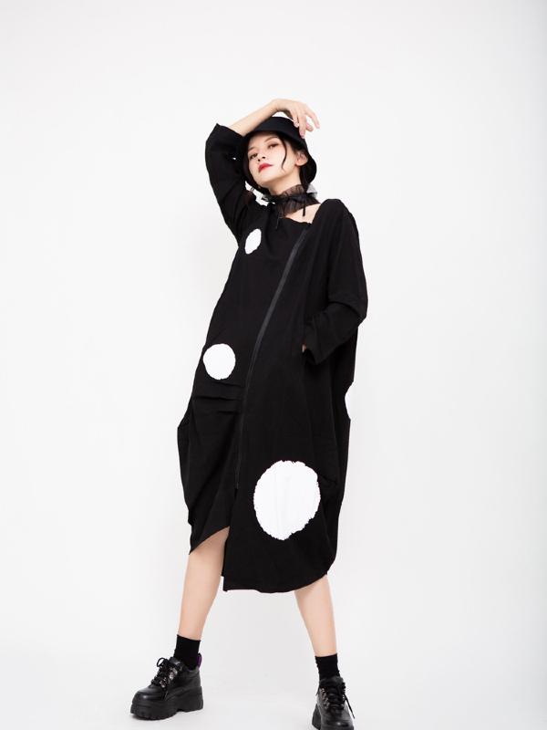 POLKA-DOT PRINTED CROPPED ZIPPER MIDI DRESS OUTWEAR